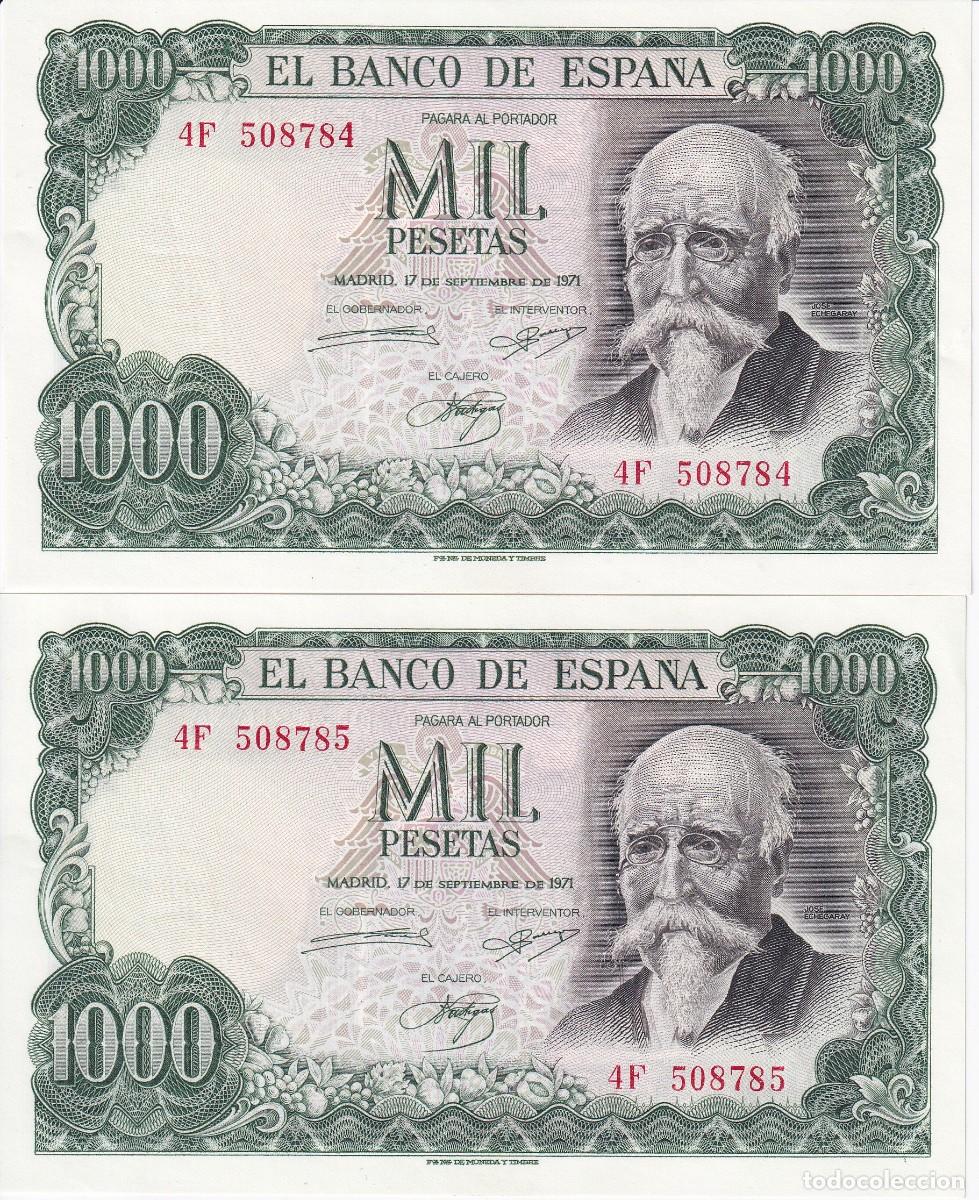 Banconote spagnole: PAREJA CORRELATIVA DE 1000 PESETAS DEL A&Ntilde;O 1971 DE JOSE ECHEGARAY SERIE 4F SIN CIRCULAR (SC)