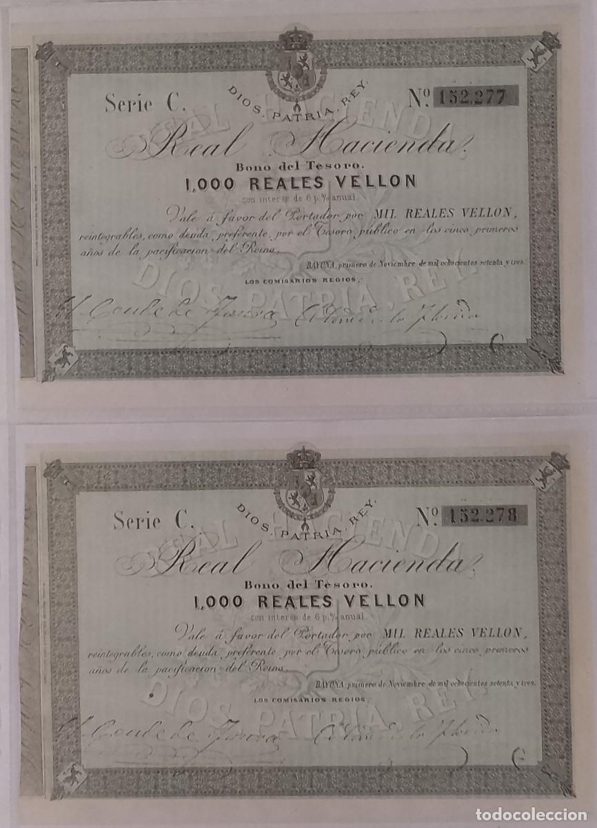 Billetes espa&ntilde;oles: PAREJA DE BILLETES DE 1000 REALES DE VELLON BAYONA 1873 S/C