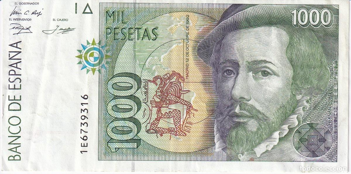 Notas espanholas: BILLETE DE 1000 PESETAS DEL A&Ntilde;O 1992 DE HERNAN CORTES SERIE 1E