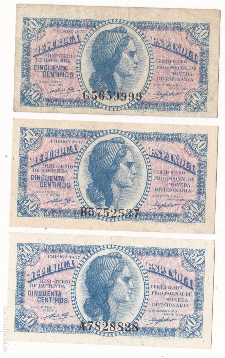 Billetes espa&ntilde;oles: AA19-BILLETES 50 Cts . 1937. Series A, B y C. (2 Sin Circular)