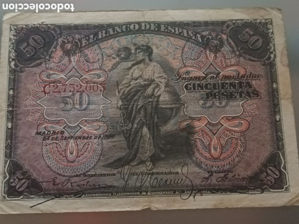 Billetes espa&ntilde;oles: ANTIGUO BILLETE DE 50 PESETAS MADRID 24 DE SEPTIEMBRE DE 1906 ALEGOR&Iacute;A FEMENINA