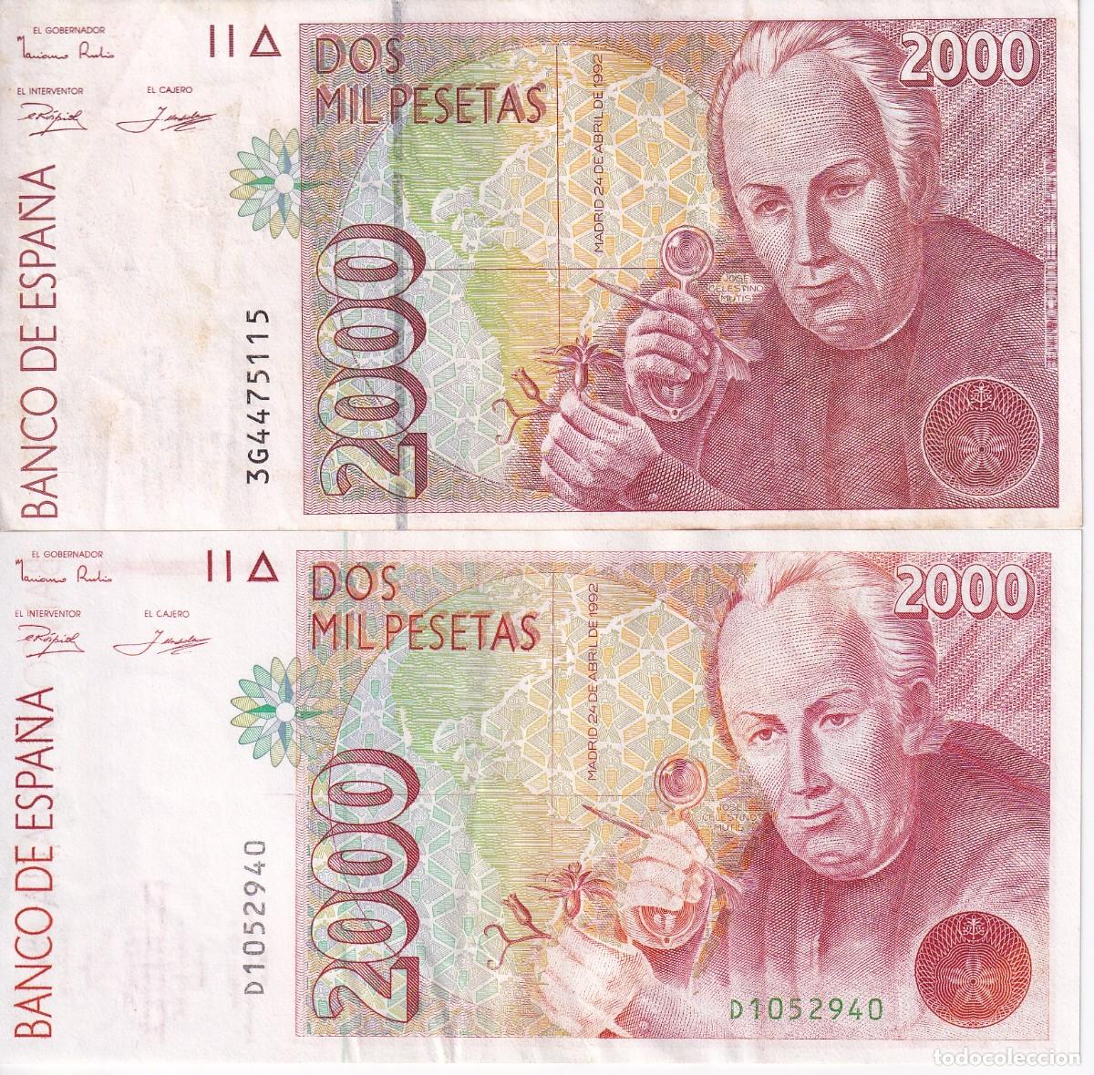 Billets espagnols: VARIANTES DE LOS 2 BILLETES DE 2000 PESETAS DEL A&Ntilde;O 1992 DE JOSE CELESTINO MUTIS SERIE D Y 3G