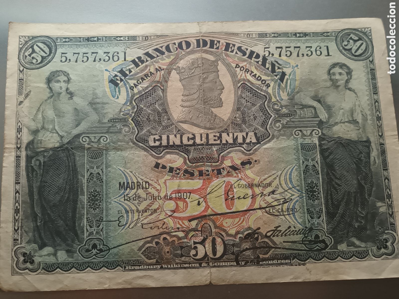 Billetes espa&ntilde;oles: ANTIGUO BILLETE DE 50 PESETAS MADRID 15 DE JULIO DE 1907 BUSTO CENTRAL ALFONSO XIII
