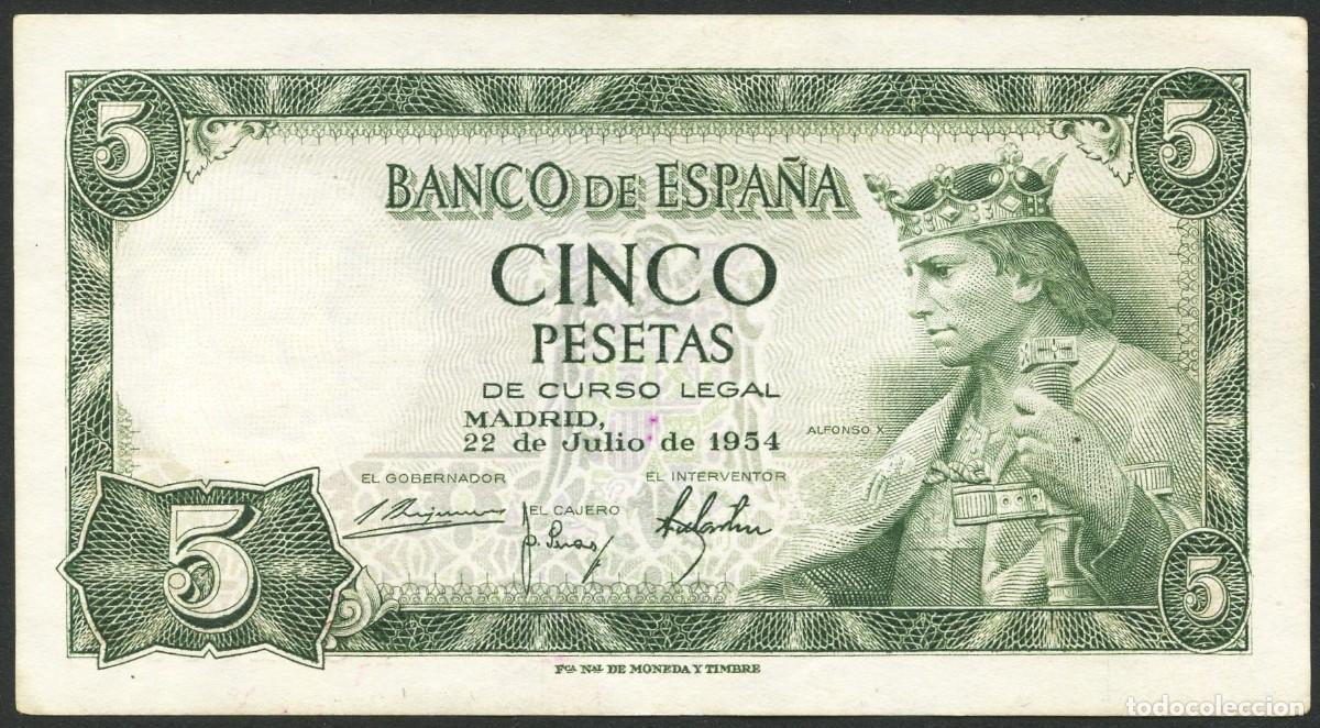 Billetes espa&ntilde;oles: ESPA&Ntilde;A, BILLETE, ALFONSO X EL SABIO, VALOR: 5 PESETAS, 1954, SERIE: R