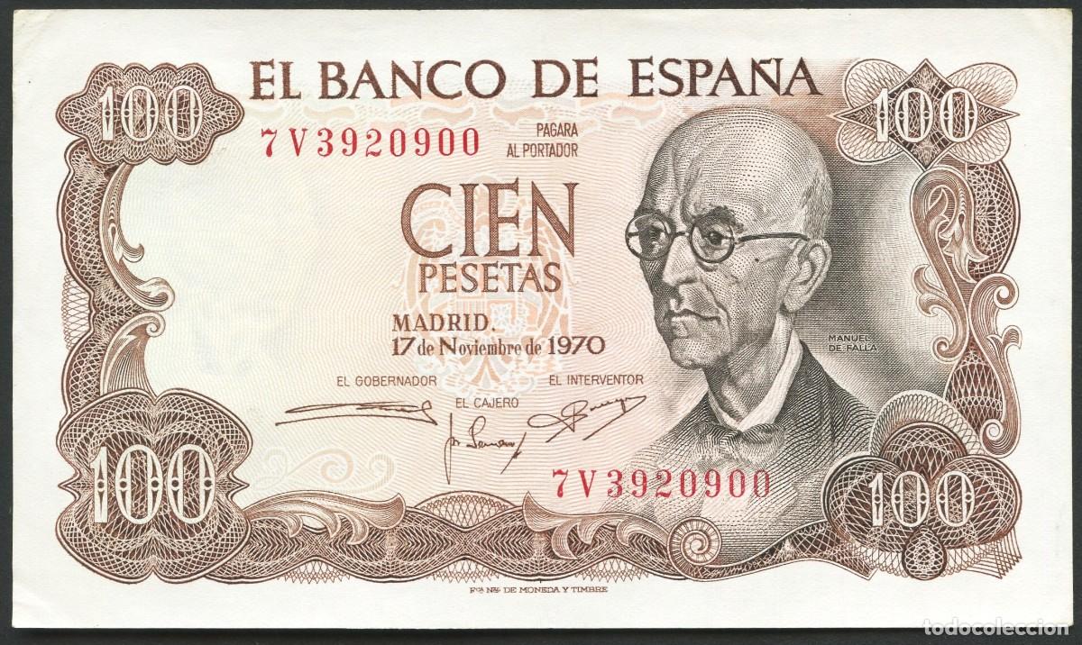Notas espanholas: ESPA&Ntilde;A, BILLETE, MANUEL DE FALLA, VALOR: 100 PESETAS, 1970, SERIE: 7 V