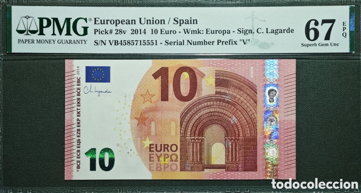 Billetes espa&ntilde;oles: 10 EURO V0011A1 VB 2014 ESPA&Ntilde;A, LAGARDE SIN CIRCULAR PMG 67 EPQ