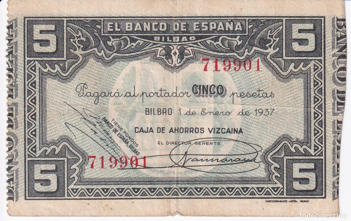 Billetes espa&ntilde;oles: BILLETE DE 5 PESETAS DEL BANCO DE ESPA&Ntilde;A-BILBAO DEL A&Ntilde;O 1937 (CAJA AHORROS VIZCAINA)