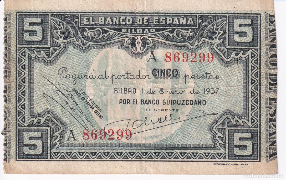 Billetes espa&ntilde;oles: BILLETE DE 5 PESETAS DEL BANCO DE ESPA&Ntilde;A-BILBAO DEL A&Ntilde;O 1937 SERIE A (BANCO GUIPUZCOANO)