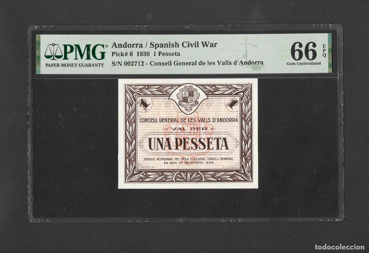 Billetes espa&ntilde;oles: ANDORRA 1 PESETA 1936 NUMERO BAJO CERTIFICADO POR PMG66 EPQ