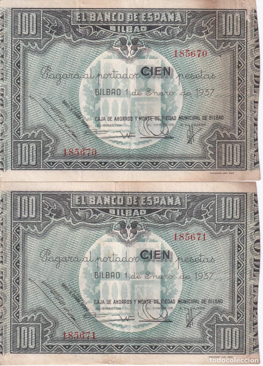 Billets espagnols: PAREJA CORRELATIVA DE 100 PESETAS DEL BANCO DE ESPA&Ntilde;A-BILBAO A&Ntilde;O 1937 (CAJA DE AHORROS DE BILBAO)