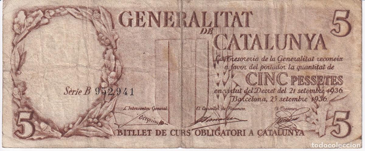 Billetes espa&ntilde;oles: BILLETE DE 5 PESETAS DE LA GENERALITAT DE CATALUNYA DEL A&Ntilde;O 1936 SERIE B