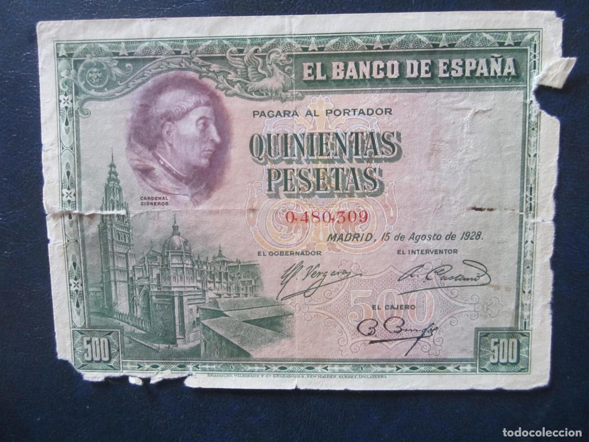 Billetes espa&ntilde;oles: Espa&ntilde;a 500 Pesetas 1928 roturas en los bordes