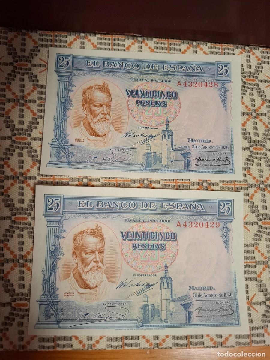 Billets espagnols: 25 PESETAS DE 1935 PAREJA CORRELATIVA SERIE A-428/429 SC/PLANCHA MUY RARA