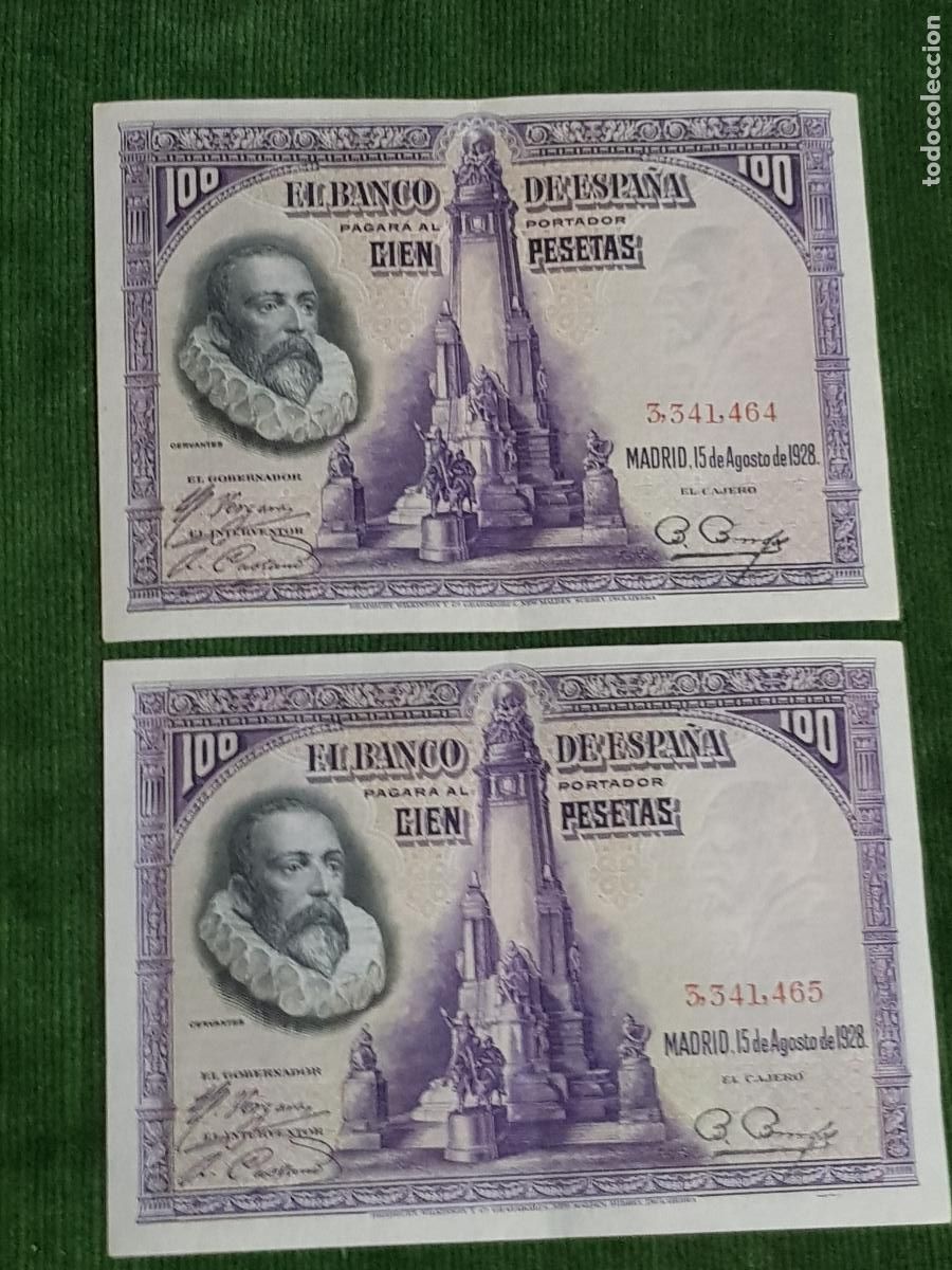 Billetes espa&ntilde;oles: ESPA&Ntilde;A II REPUBLICA,BILLETES CORRELATIVOS 100 PESETAS 1928 CERVANTES