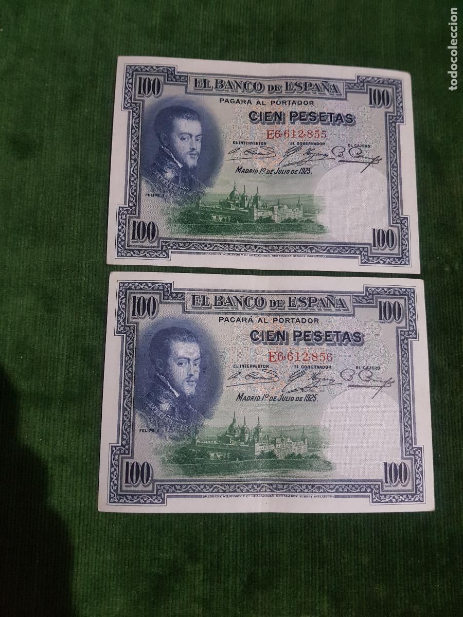 Billetes espa&ntilde;oles: ESPA&Ntilde;A II REPUBLICA,BILLETES CORRELATIVOS 100 PESETAS 1928 ,FELIPE II