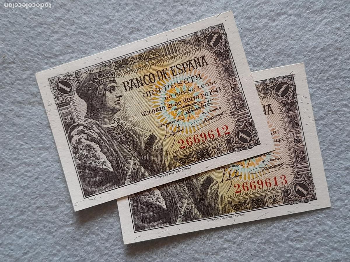 Notas espanholas: Pareja Correlativa de billetes de 1 peseta. 21 de Mayo de 1943.