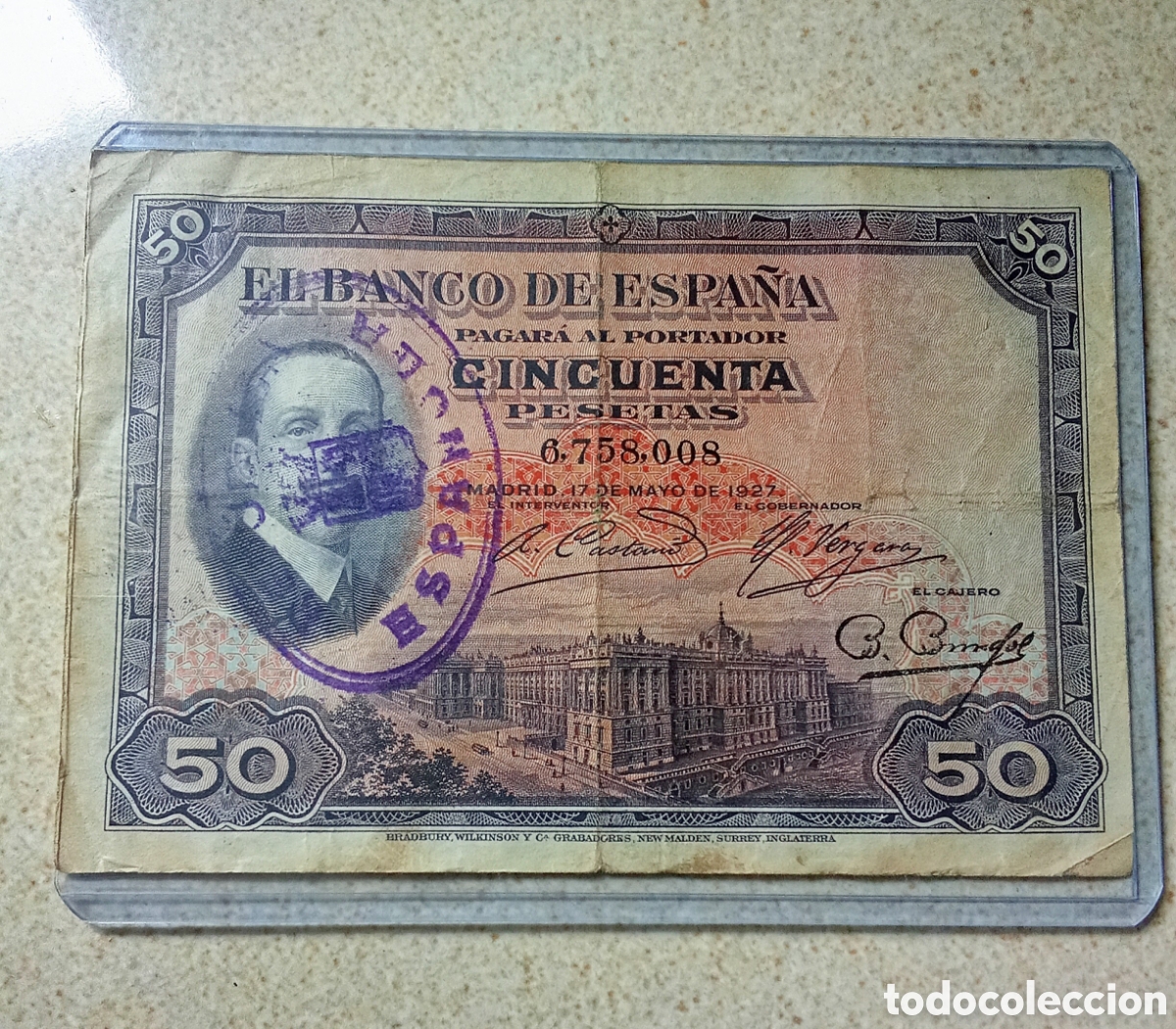 Billetes espa&ntilde;oles: BILLETE 50 PESETAS 1927 CON SELLO REPUBLICA (2)