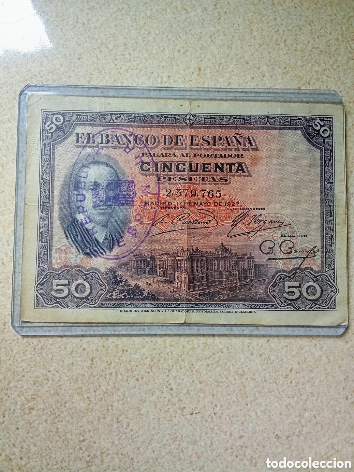 Billetes espa&ntilde;oles: BILLETE 50 PESETAS DE 1927 CON SELLO REPUBLICA (4)