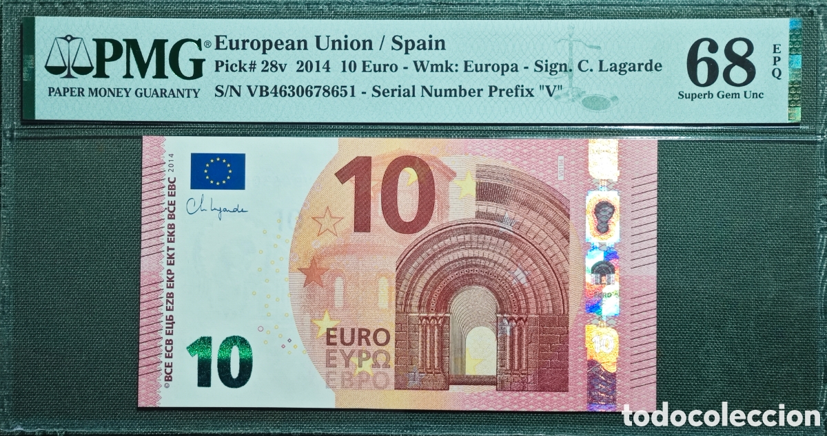 Billetes espa&ntilde;oles: 10 EURO V011I4 VB 2014 ESPA&Ntilde;A LAGARDE SIN CIRCULAR PMG 68 EPQ