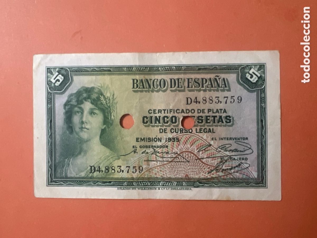 Billetes espa&ntilde;oles: V27. Billete 5 Pesetas a&ntilde;o 1935