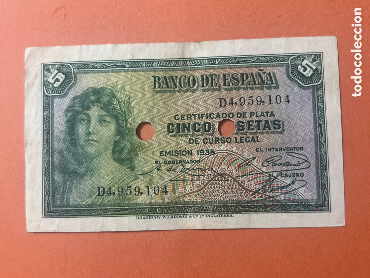 Billetes espa&ntilde;oles: V28. Billete 5 Pesetas a&ntilde;o 1935