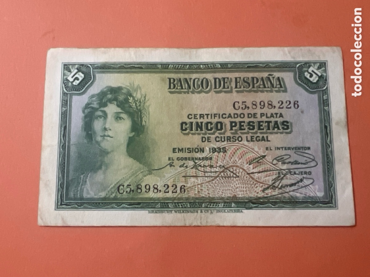 Billetes espa&ntilde;oles: V30. Billete 5 Pesetas a&ntilde;o 1935