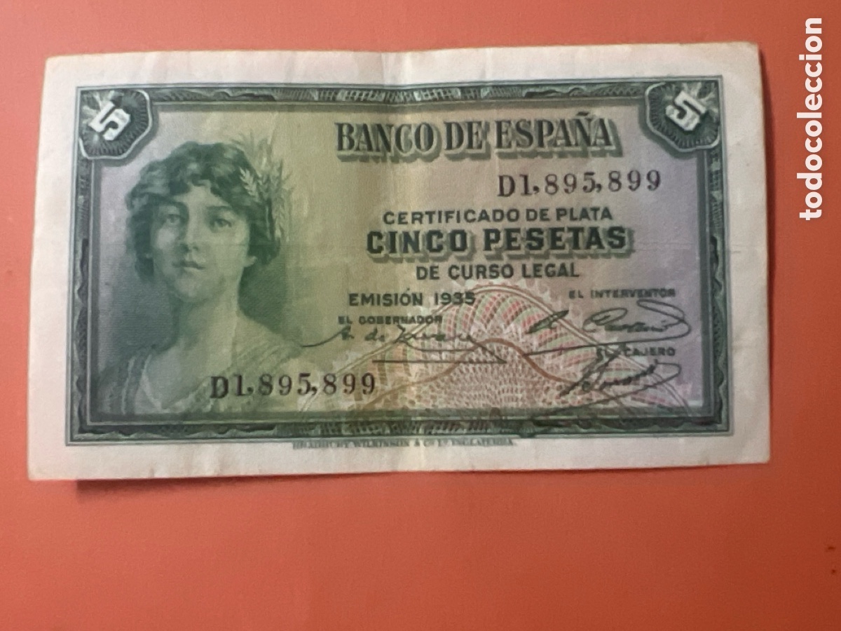 Billetes espa&ntilde;oles: V38. Billete 5 Pesetas a&ntilde;o 1935