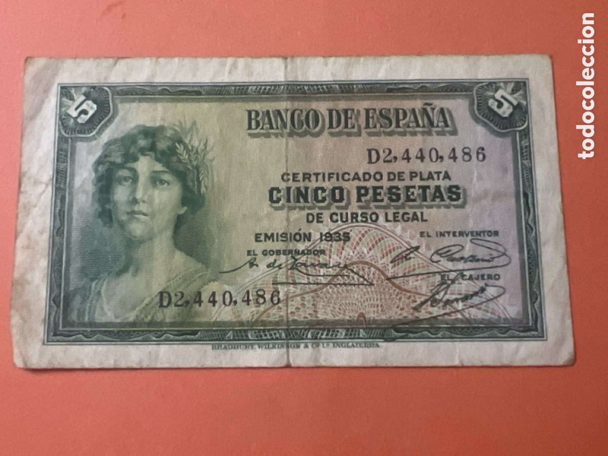 Billetes espa&ntilde;oles: V39. Billete 5 Pesetas a&ntilde;o 1935
