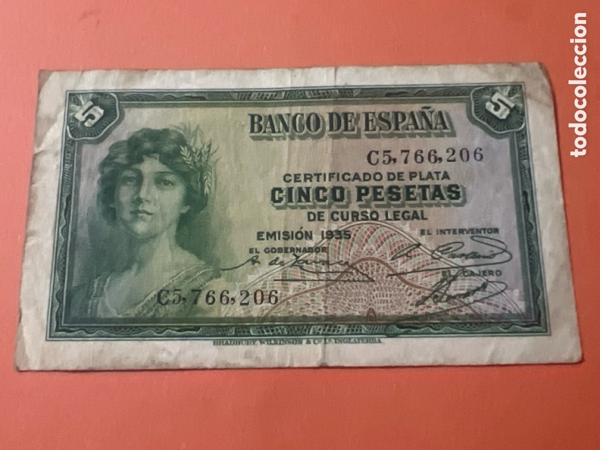 Billetes espa&ntilde;oles: V42. Billete 5 Pesetas a&ntilde;o 1935
