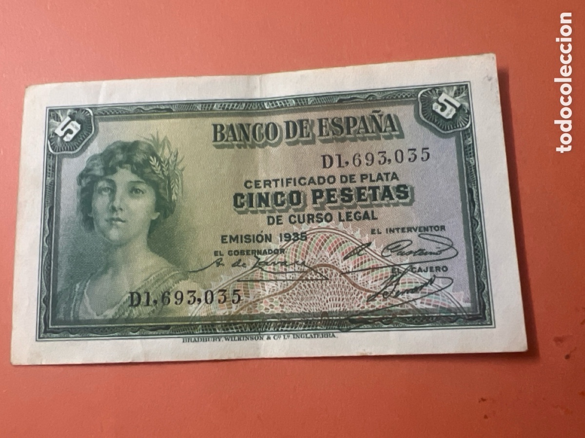 Billetes espa&ntilde;oles: V40. Billete 5 Pesetas a&ntilde;o 1935