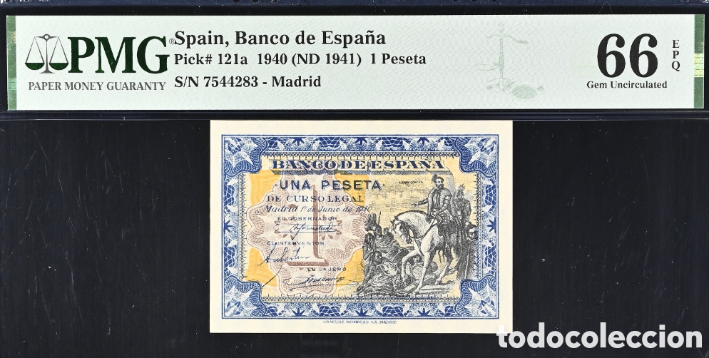 Billetes espa&ntilde;oles: Billete 1 PESETA 1940 -HERNAN CORTES- PMG 66 EPQ, sin serie