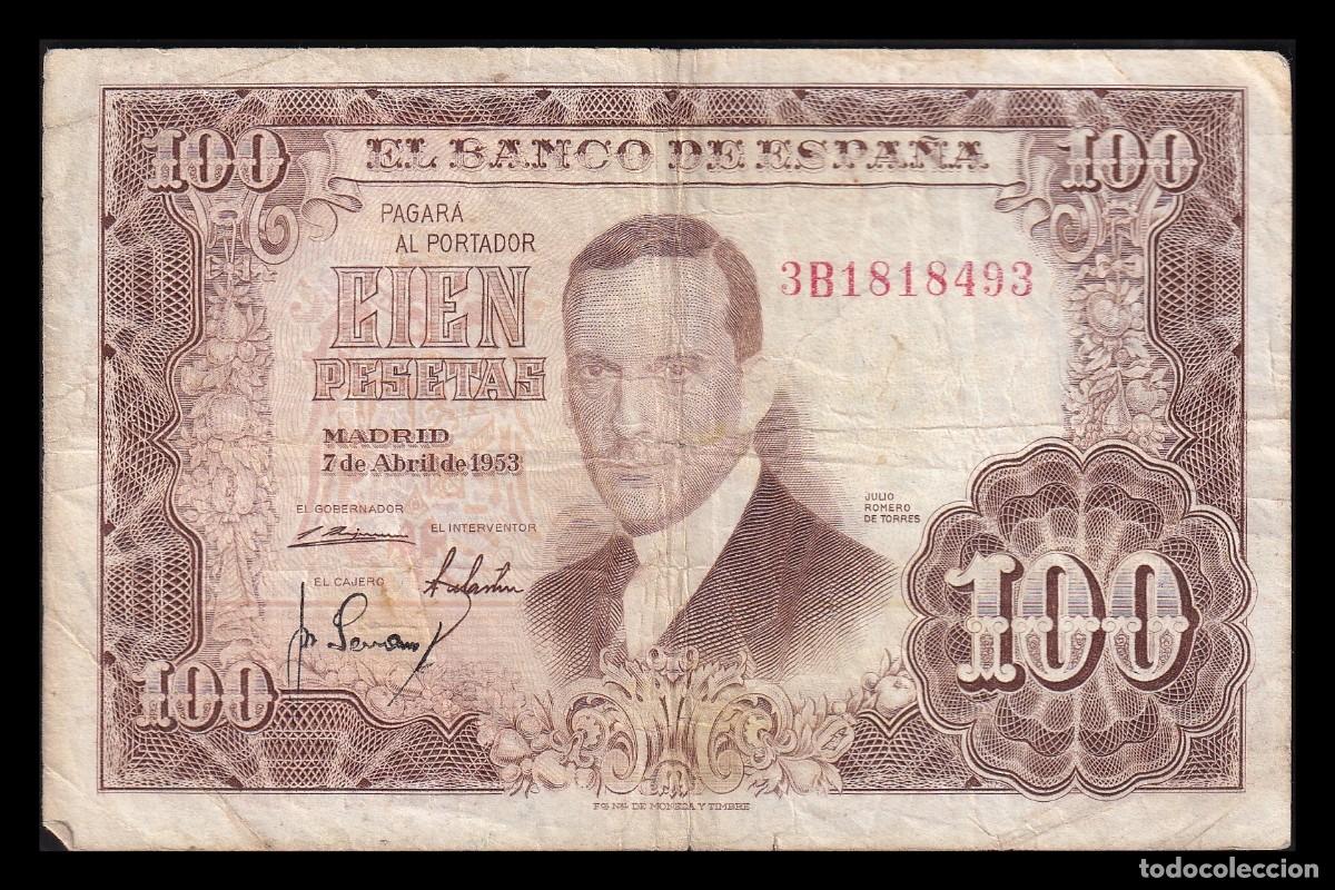 Billetes espa&ntilde;oles: Espa&ntilde;a 100 Pesetas J. Romero de Torres 1953 Pick 145 Serie 3B Mbc Vf