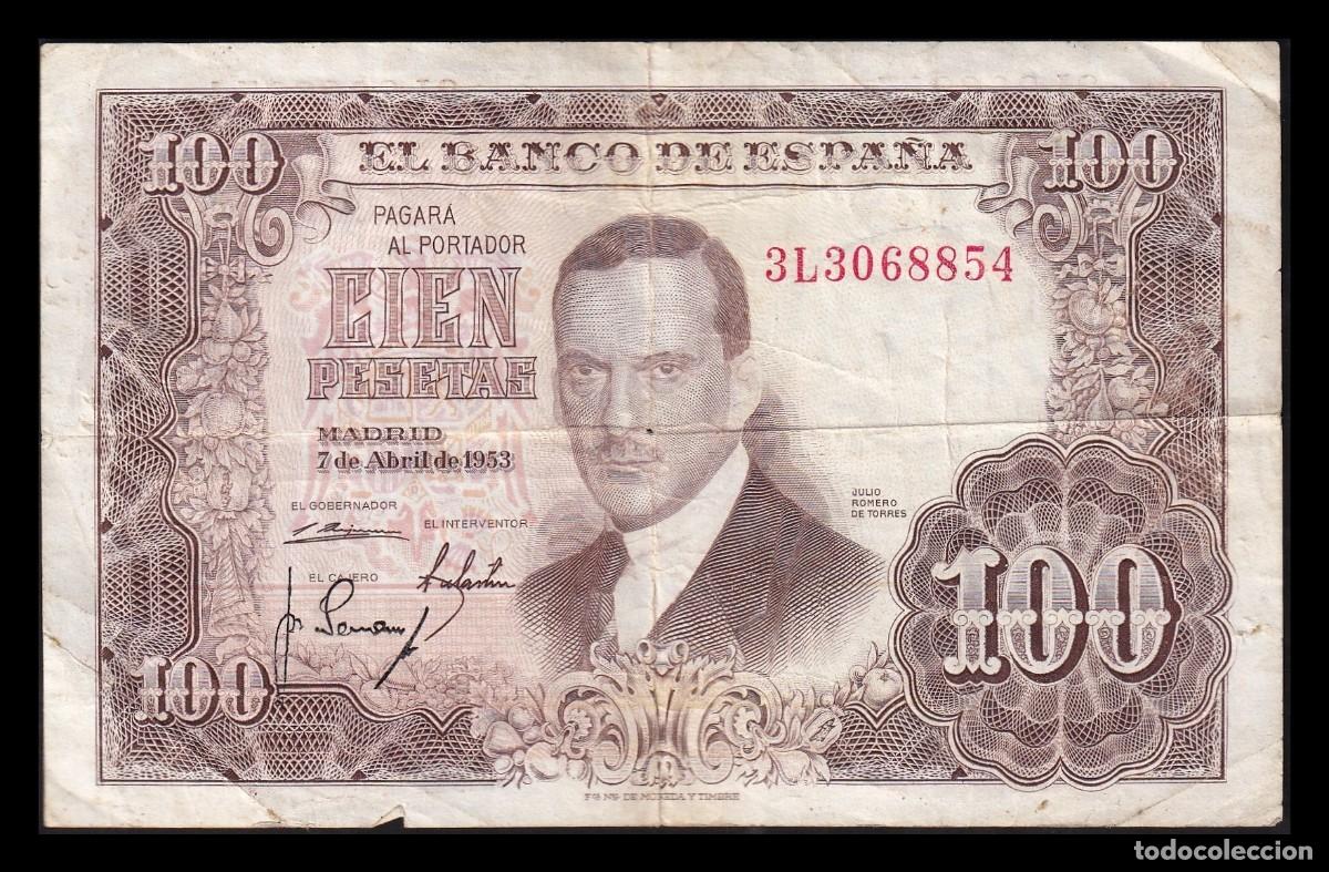 Billetes espa&ntilde;oles: Espa&ntilde;a 100 Pesetas J. Romero de Torres 1953 Pick 145 Serie 3L Mbc Vf