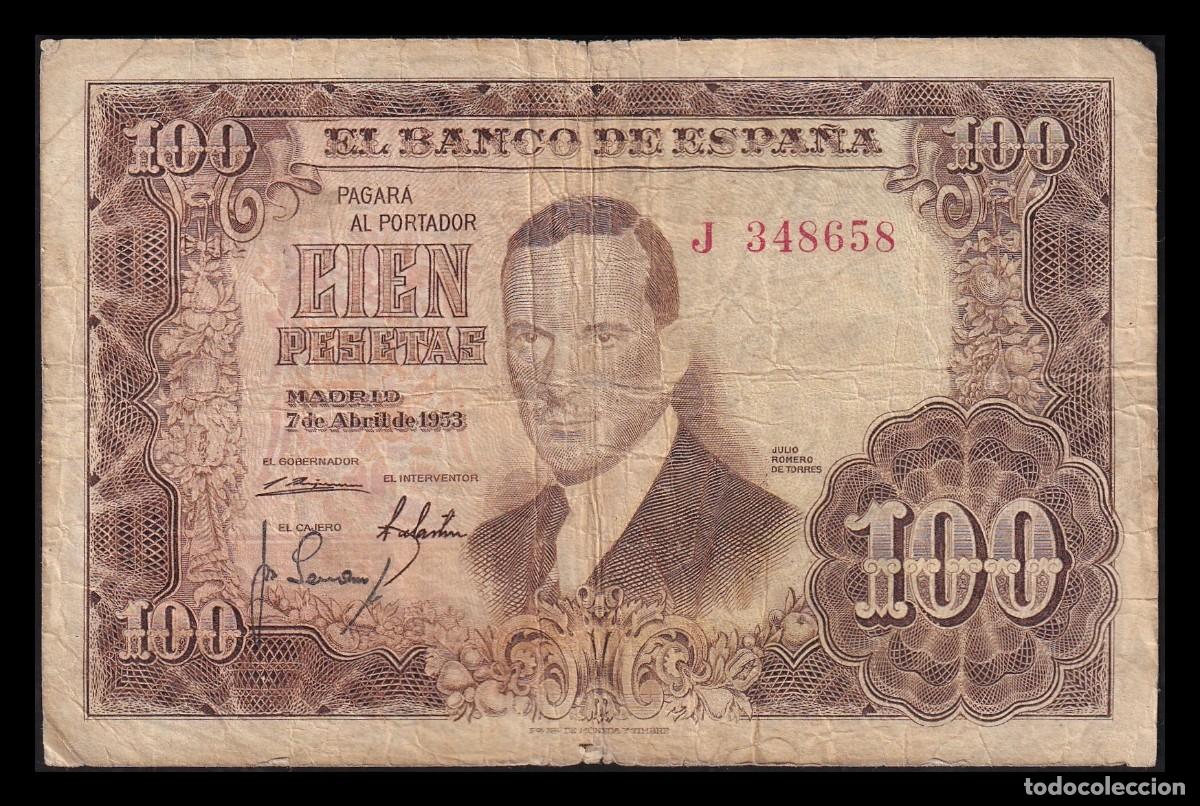 Billetes espa&ntilde;oles: Espa&ntilde;a 100 Pesetas J. Romero de Torres 1953 Pick 145 Serie J Mbc Vf