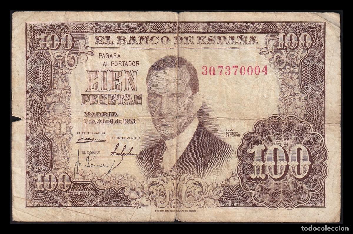 Billetes espa&ntilde;oles: Espa&ntilde;a 100 Pesetas J. Romero de Torres 1953 Pick 145 Serie 3Q Mbc Vf