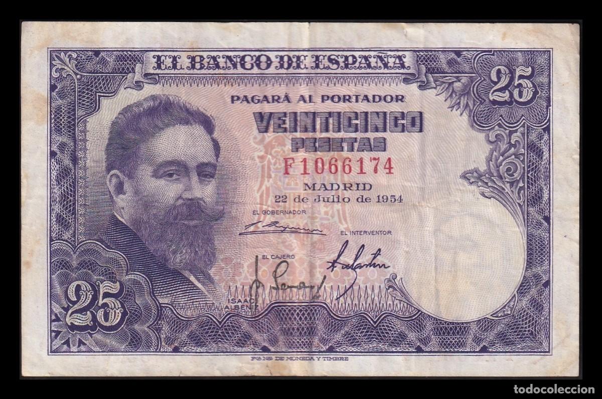 Billetes espa&ntilde;oles: Espa&ntilde;a 25 Pesetas Isaac Albeniz 1954 Pick 147 Serie F Mbc Vf