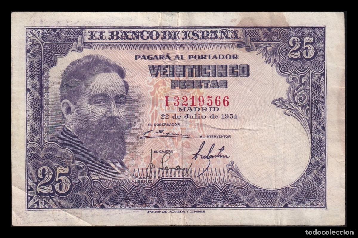 Billetes espa&ntilde;oles: Espa&ntilde;a 25 Pesetas Isaac Albeniz 1954 Pick 147 Serie I Mbc Vf