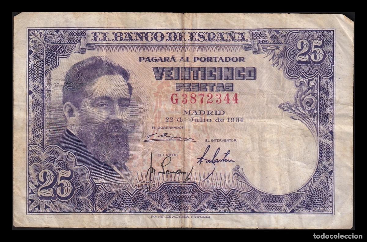 Billetes espa&ntilde;oles: Espa&ntilde;a 25 Pesetas Isaac Albeniz 1954 Pick 147 Serie G Mbc Vf