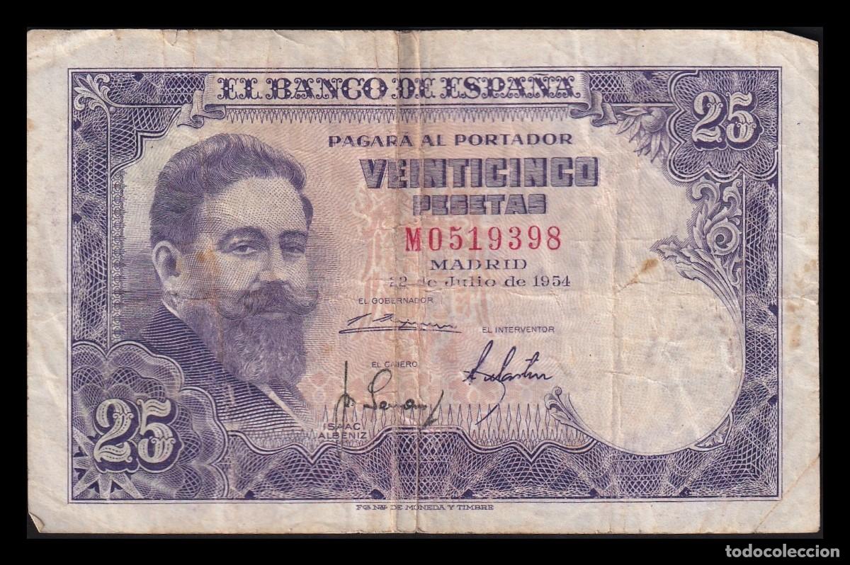 Billetes espa&ntilde;oles: Espa&ntilde;a 25 Pesetas Isaac Albeniz 1954 Pick 147 Serie M Mbc Vf