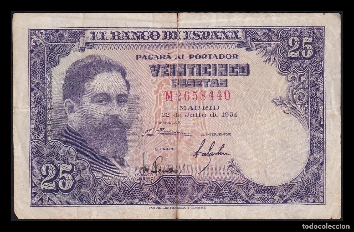 Billetes espa&ntilde;oles: Espa&ntilde;a 25 Pesetas Isaac Albeniz 1954 Pick 147 Serie M Mbc Vf