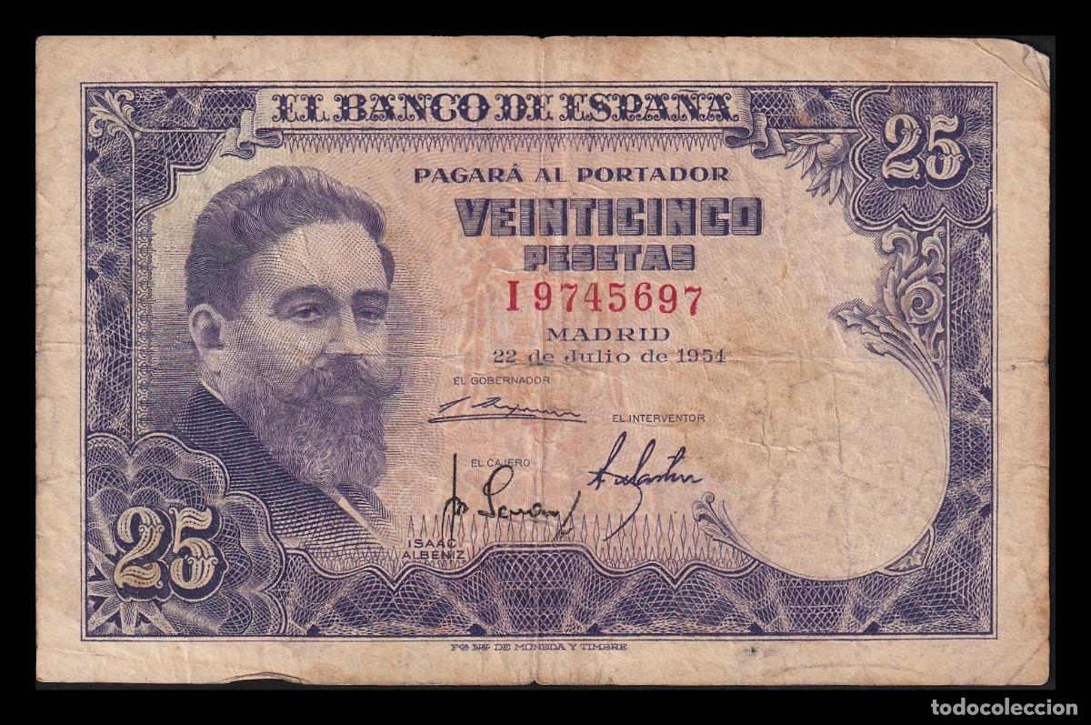 Billetes espa&ntilde;oles: Espa&ntilde;a 25 Pesetas Isaac Albeniz 1954 Pick 147 Serie I Mbc Vf