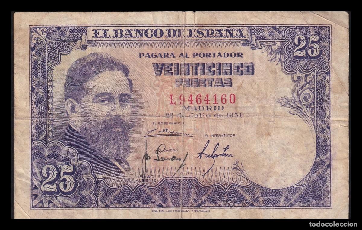 Billetes espa&ntilde;oles: Espa&ntilde;a 25 Pesetas Isaac Albeniz 1954 Pick 147 Serie L Mbc Vf