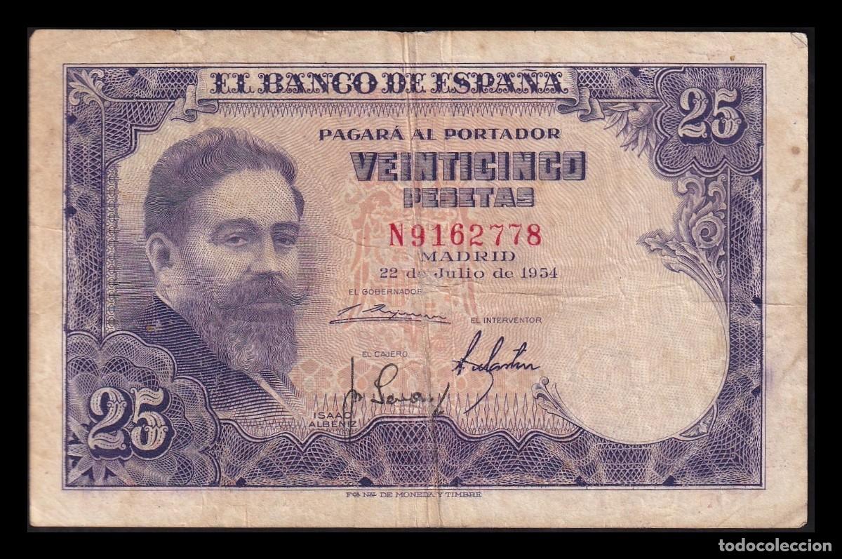 Billetes espa&ntilde;oles: Espa&ntilde;a 25 Pesetas Isaac Albeniz 1954 Pick 147 Serie N Mbc Vf