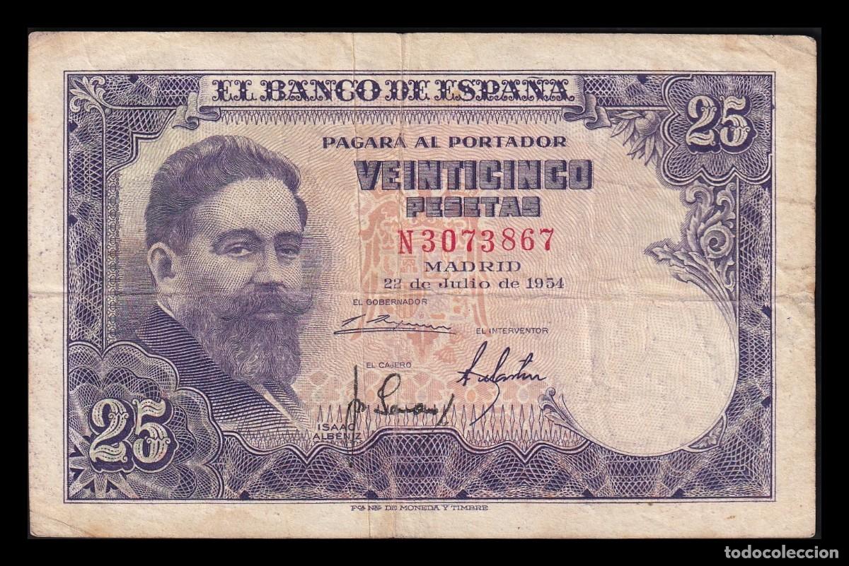 Billetes espa&ntilde;oles: Espa&ntilde;a 25 Pesetas Isaac Albeniz 1954 Pick 147 Serie N Mbc Vf