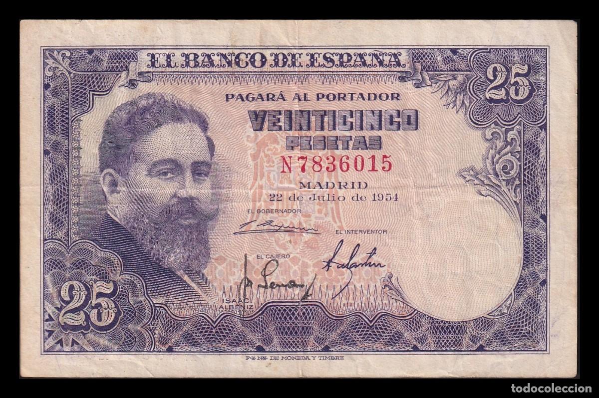 Billetes espa&ntilde;oles: Espa&ntilde;a 25 Pesetas Isaac Albeniz 1954 Pick 147 Serie N Mbc Vf
