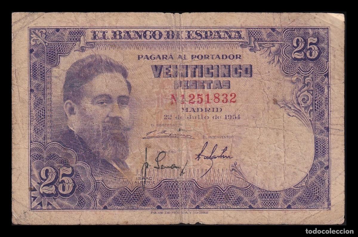 Billetes espa&ntilde;oles: Espa&ntilde;a 25 Pesetas Isaac Albeniz 1954 Pick 147 Serie N Mbc Vf