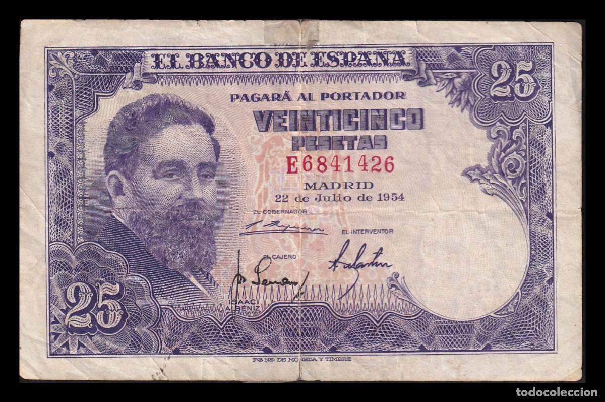 Billetes espa&ntilde;oles: Espa&ntilde;a 25 Pesetas Isaac Albeniz 1954 Pick 147 Serie E Mbc Vf