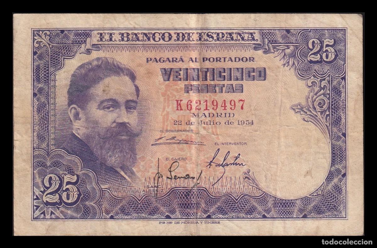 Billetes espa&ntilde;oles: Espa&ntilde;a 25 Pesetas Isaac Albeniz 1954 Pick 147 Serie K Mbc Vf