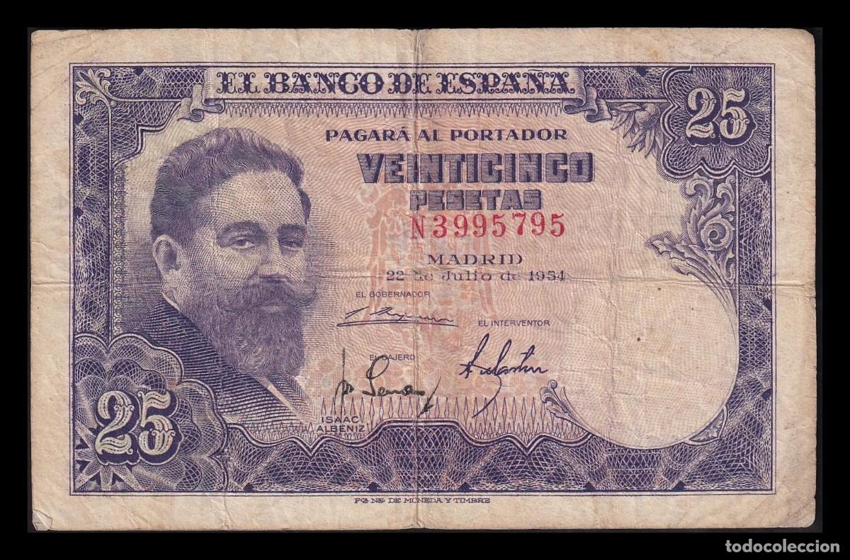 Billetes espa&ntilde;oles: Espa&ntilde;a 25 Pesetas Isaac Albeniz 1954 Pick 147 Serie N Mbc Vf