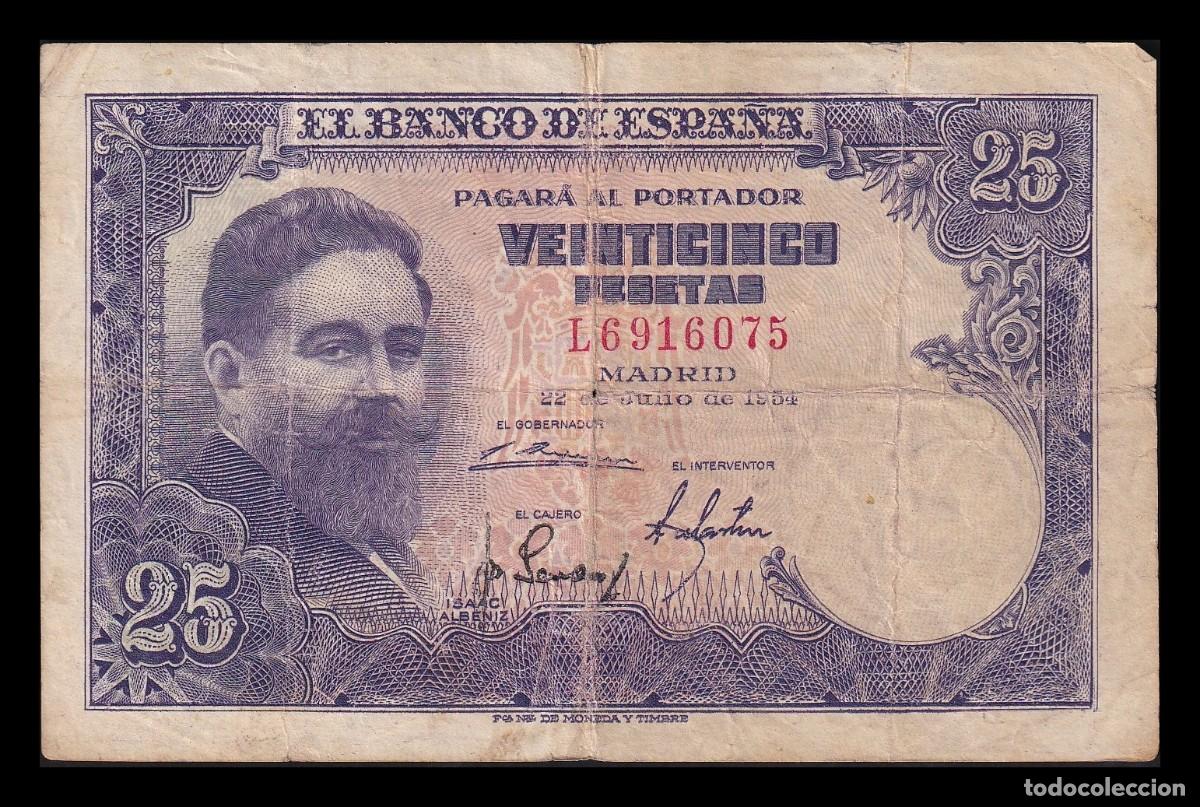 Billetes espa&ntilde;oles: Espa&ntilde;a 25 Pesetas Isaac Albeniz 1954 Pick 147 Serie L Mbc Vf